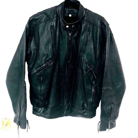 Black Leather Motorcycle Jacket Men's M L‎ 45 Chest 9 Zip Pockets Ruched Lined
